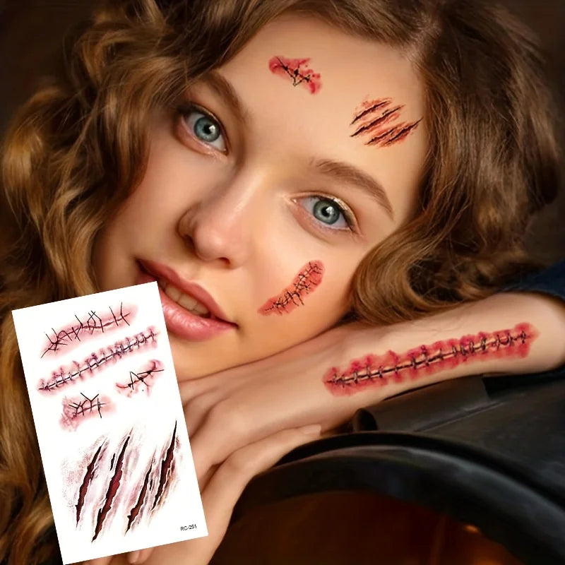 5/10 Uds. Pegatinas de tatuaje temporal de cicatriz de Halloween, tatuaje facial de coágulo de sangre roja, regalos de Cosplay impermeables para hombres y mujeres, decoración de fiesta