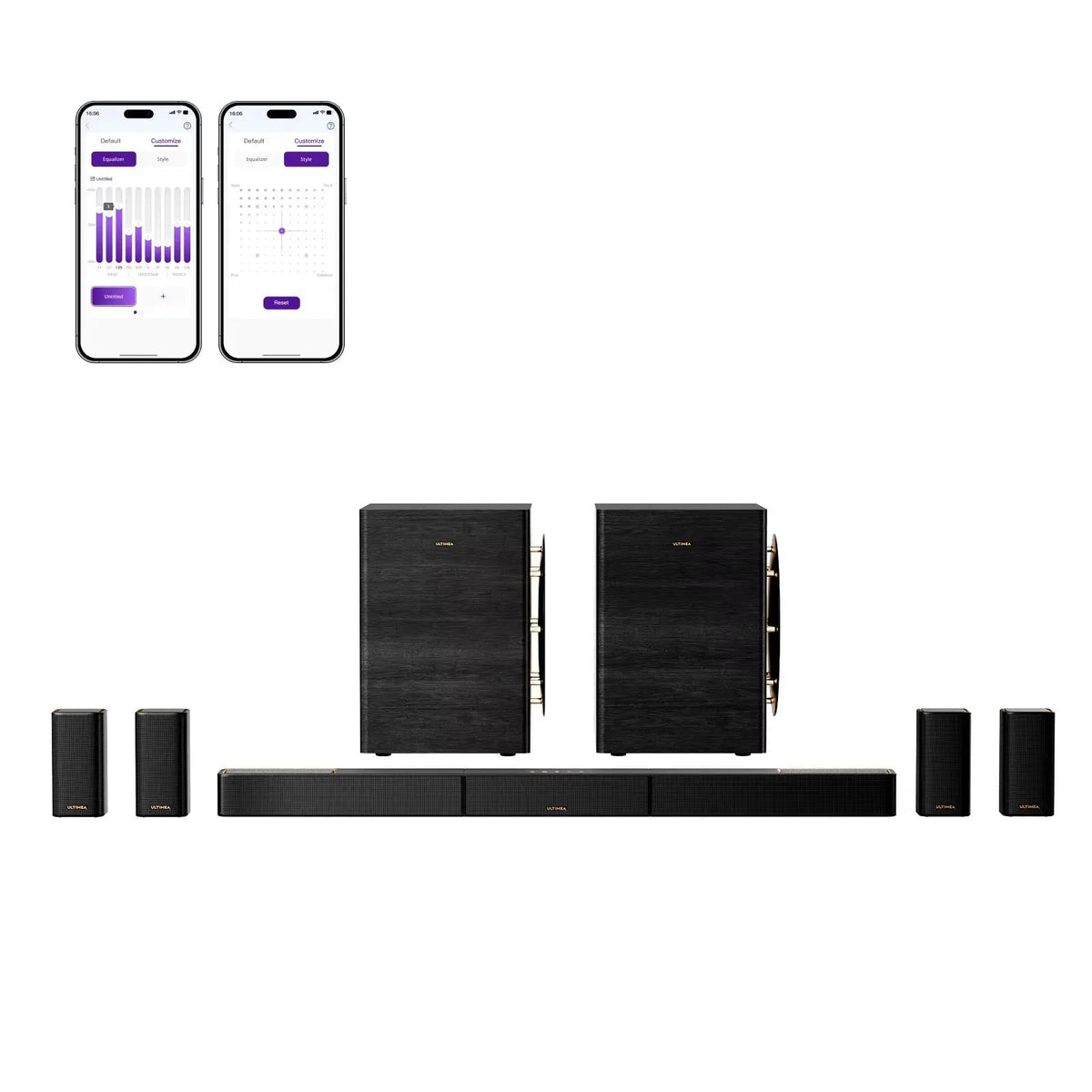 Sistema de barra de sonido negra con altavoces inalámbricos y app en móviles