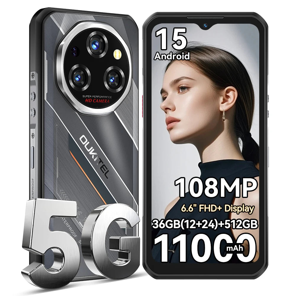 Smartphone resistente OUKITEL WP62, 36 GB de RAM (12+24) expandible, 512 GB de ROM, Android 15, pantalla FHD+ de 6,6", batería grande de 11000 mAh, cámara de 108 MP, carga rápida de 33 W, teléfono móvil desbloqueado con NFC