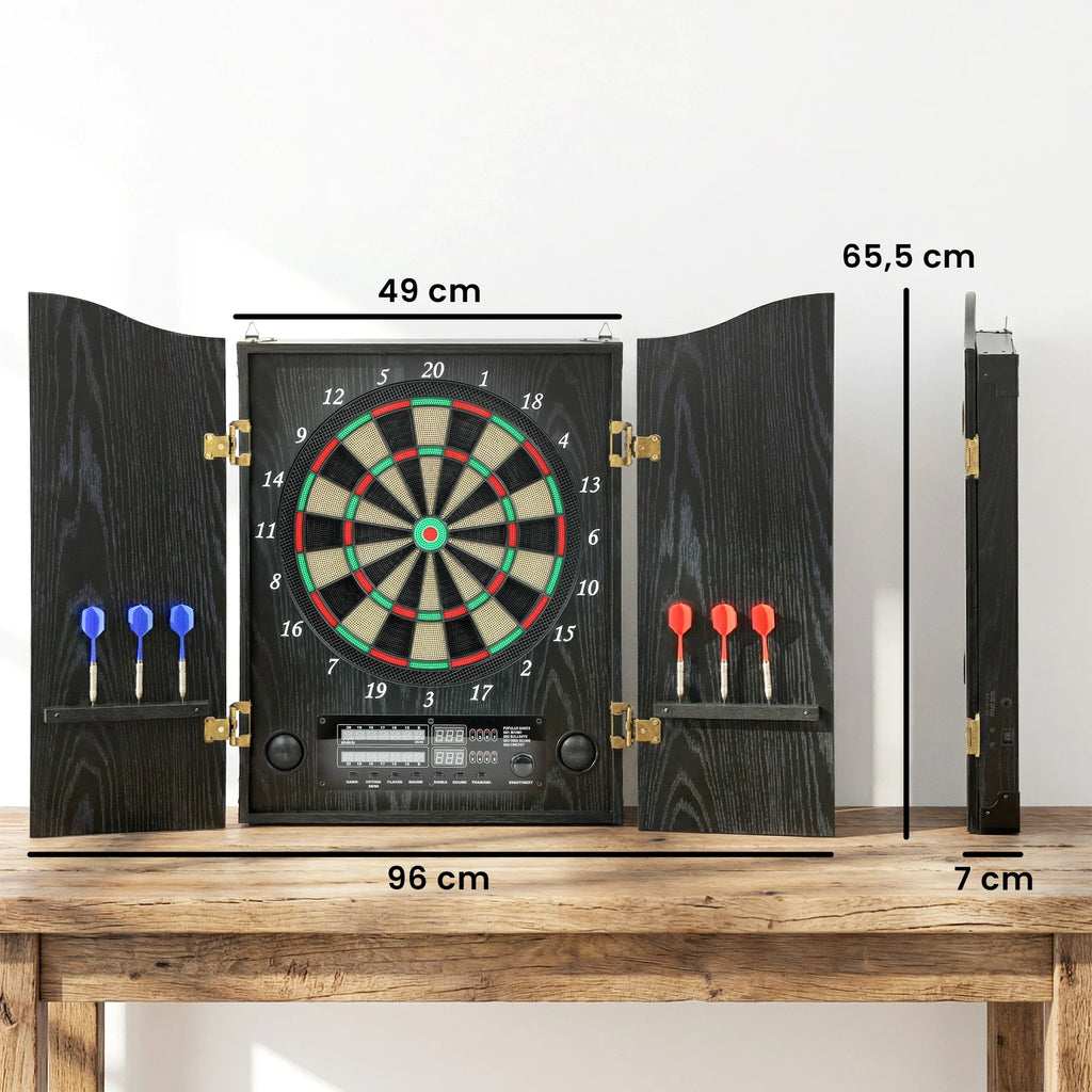 Sportnow Electronic Dart Board with 6 Soft Tip Darts and 24 Replacement Tips 2 Led Screens Voice Announcements up to 8 Players Wall Dart Board with 25 Games 202 Variations Wooden Doors