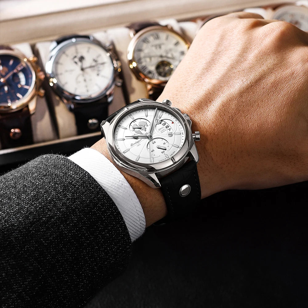 POEDAGAR Reloj de Pulsera de Lujo para Hombre Cronógrafo Fecha Impermeable Cuero Relojes de Cuarzo Casuales para Hombre Reloj Deportivo Masculino Reloj