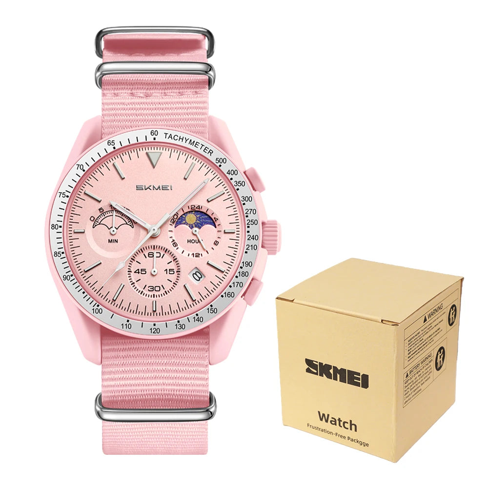 Reloj de cuarzo para hombre SKMEI 9392, resistente al agua 30M, reloj juvenil de moda para hombre, subesferas con diseño de sol y luna, correa de nailon, temporizador de cuenta regresiva