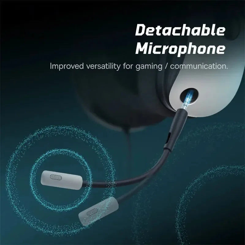 Auriculares gaming con micrófono desmontable y diadema negra, diseño sobre la oreja