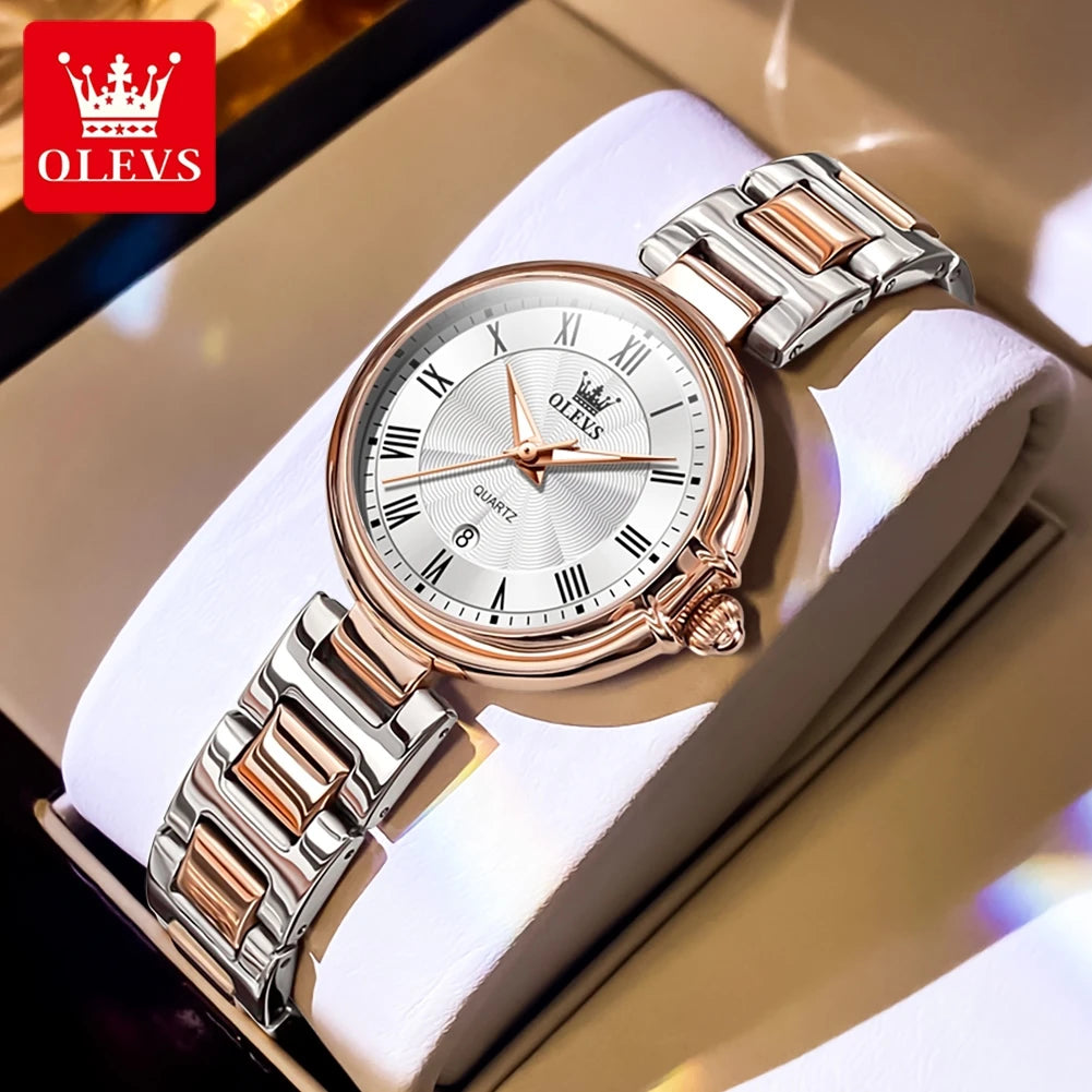 Reloj para mujer OLEVS 5608, marca de lujo, cuarzo, números romanos, resistente al agua, luminoso, con calendario, elegante reloj para mujer.