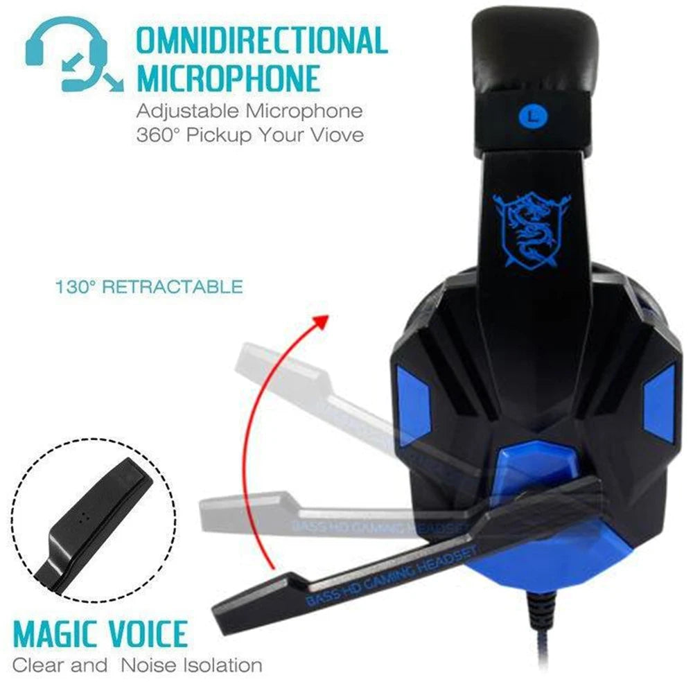 Auriculares gaming over-ear negros con micrófono ajustable y diseño con paneles azules.
