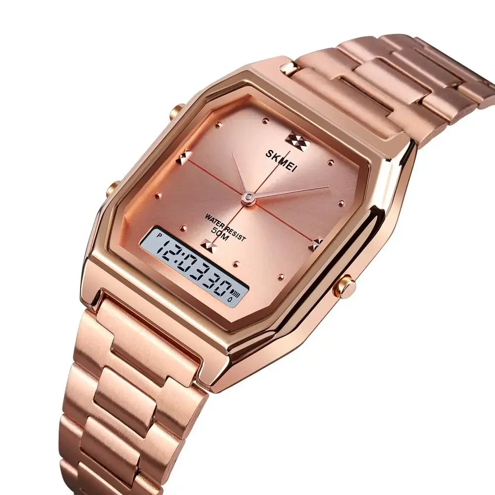 SKMEI Luxury Quartz Watch for Woman Square Steel Waterproof Double Time Sport Leisure Digital Girl Wristwatches Women Clock 1612