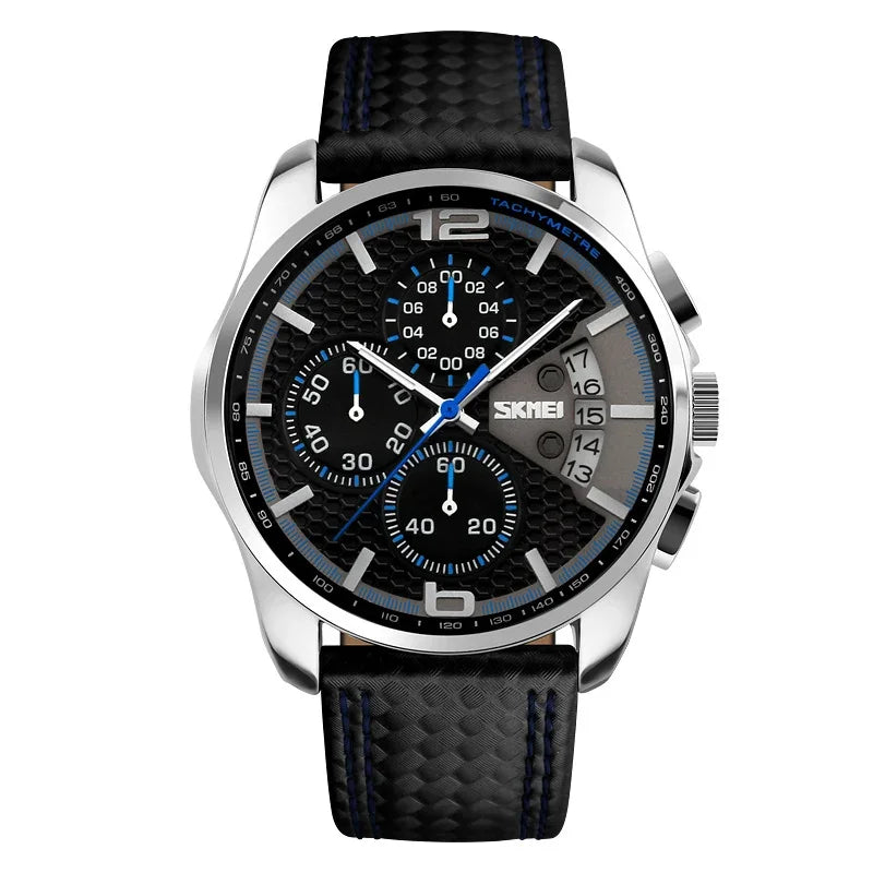 Reloj de pulsera de cuarzo Skmei, marca de lujo con correa de piel, resistente al agua 5Bar, estilo deportivo y elegante para hombre 9106