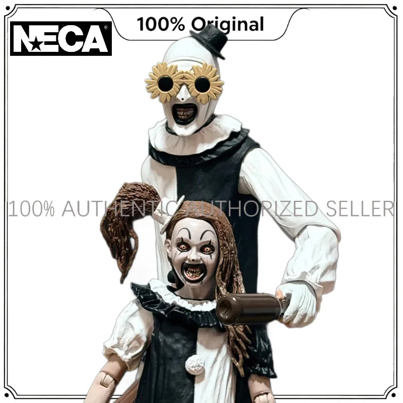 100 % originales, figuras de acción a escala de 7 pulgadas de la colección Terrifier 2 de NECA Toys: The Ultimate Art, con los personajes The Clown y The Little Pale Girl. Paquete de 2 figuras.