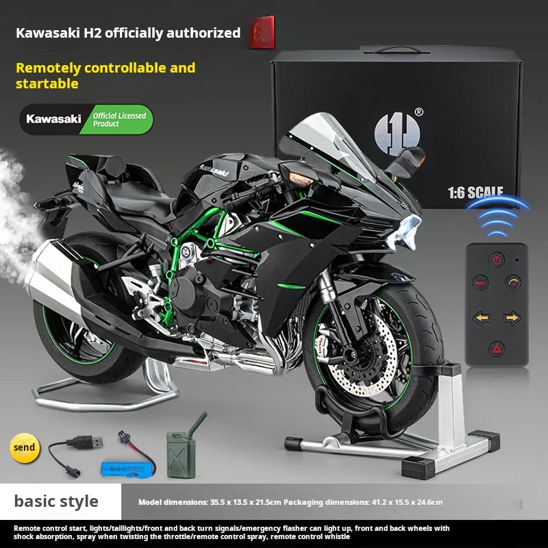 Modelo de motocicleta Kawasaki H2R a escala 1:6, juguete de aleación con arranque remoto y atomización extragrande, modelo decorativo con licencia oficial