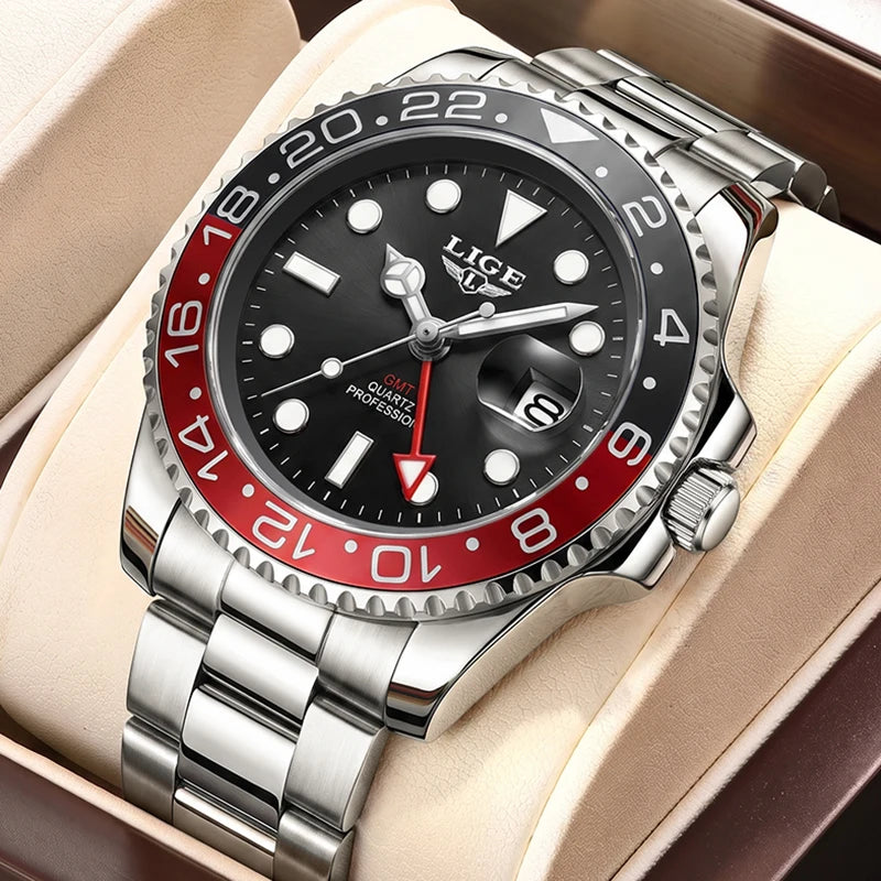 LIGE Nuevos relojes de cuarzo GMT para hombre, marca de lujo, reloj de buceo de moda, cronógrafo deportivo informal resistente al agua, Montre Homme