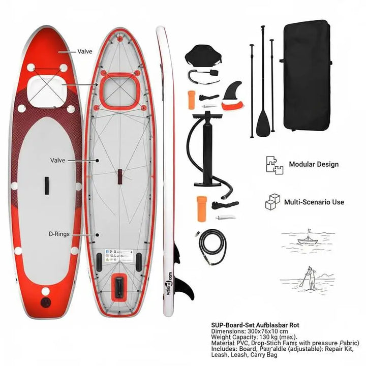 Set de Tabla SUP Inflable Color Rojo 300 x 76 x 10 cm, Modelo Compacto y Ligero de Gran Maniobrabilidad, Equipo de Paddle Surf Ideal para Principiantes y Paseos Recreativos en Aguas Tranquilas