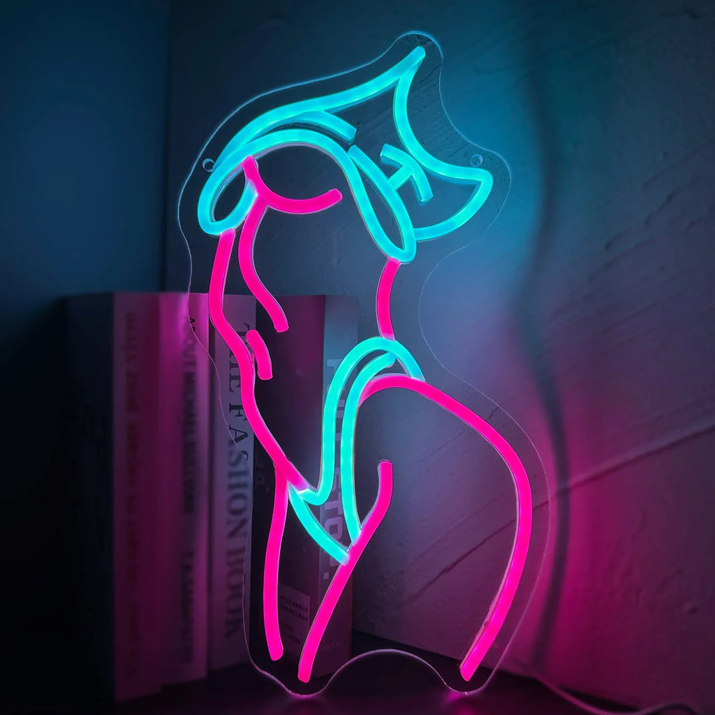 Letrero neón LED de mujer estilo bikini con luz azul turquesa y magenta
