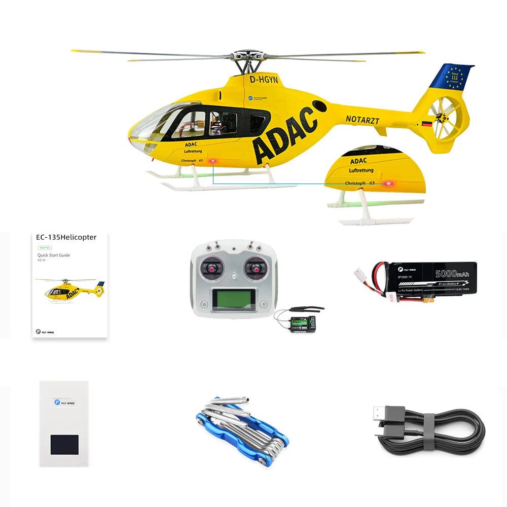 Helicóptero RC FLYWING EC135 con Luz LED, Control de Vuelo ACE, Helicóptero a Escala EC135, Tamaño 470, Helicópteros RC de 4 Aspas y 6 Canales