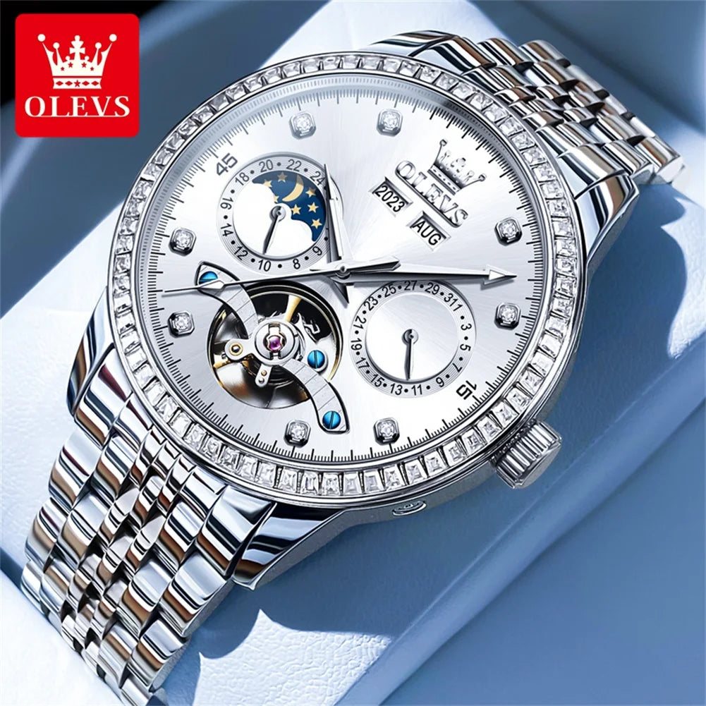 Reloj automático de lujo OLEVS 7016 para hombre, esqueleto, tourbillon, fase lunar, calendario, resistente al agua, reloj de pulsera mecánico de acero inoxidable
