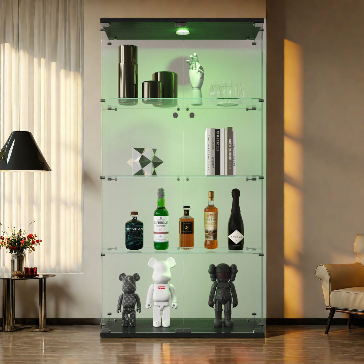 Vitrina de cristal Anajqaqia de doble puerta y 4 estantes, vitrina de exhibición de vidrio templado con tiras de luz LED y cerradura, gabinete de colección, gabinete para vinos, negro, para salas de estar y dormitorios