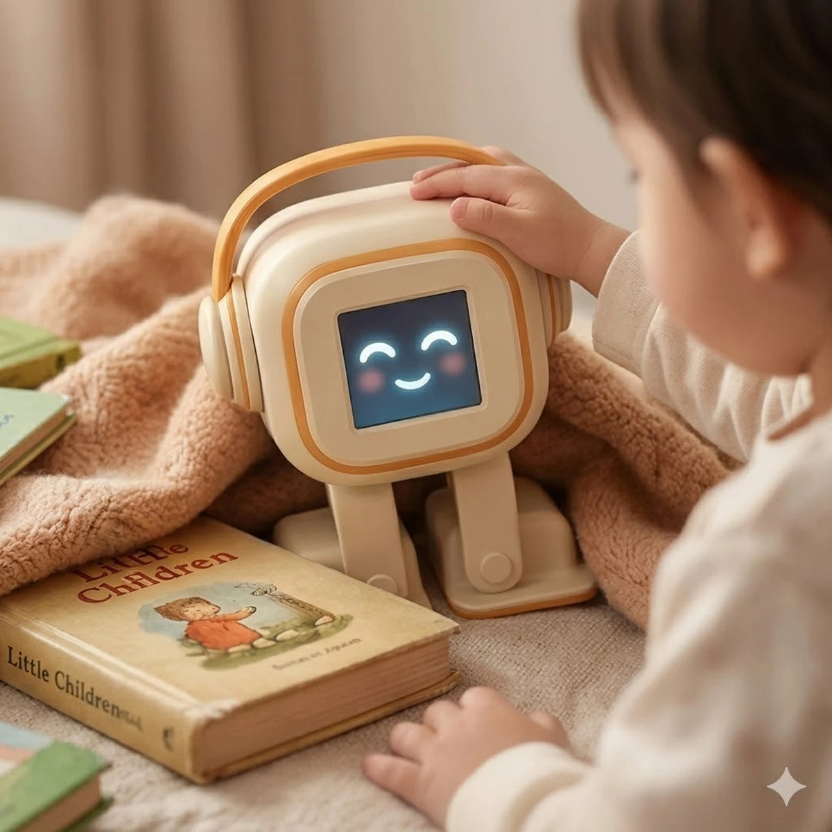 Robot de escritorio beige con auriculares y pantalla azul, visto de frente sobre una manta.