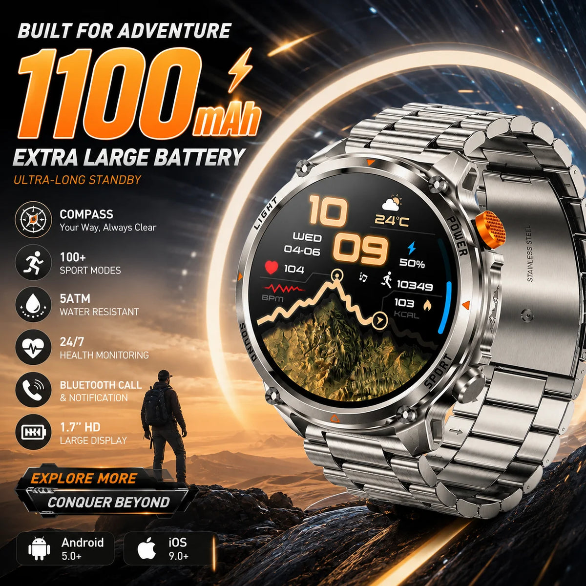 LIGE New Men Military Smart Watch Outdoor Compass 1100mAh Battery Flashlight 1.7"Display BT Call Waterproof Sports Smartwatches