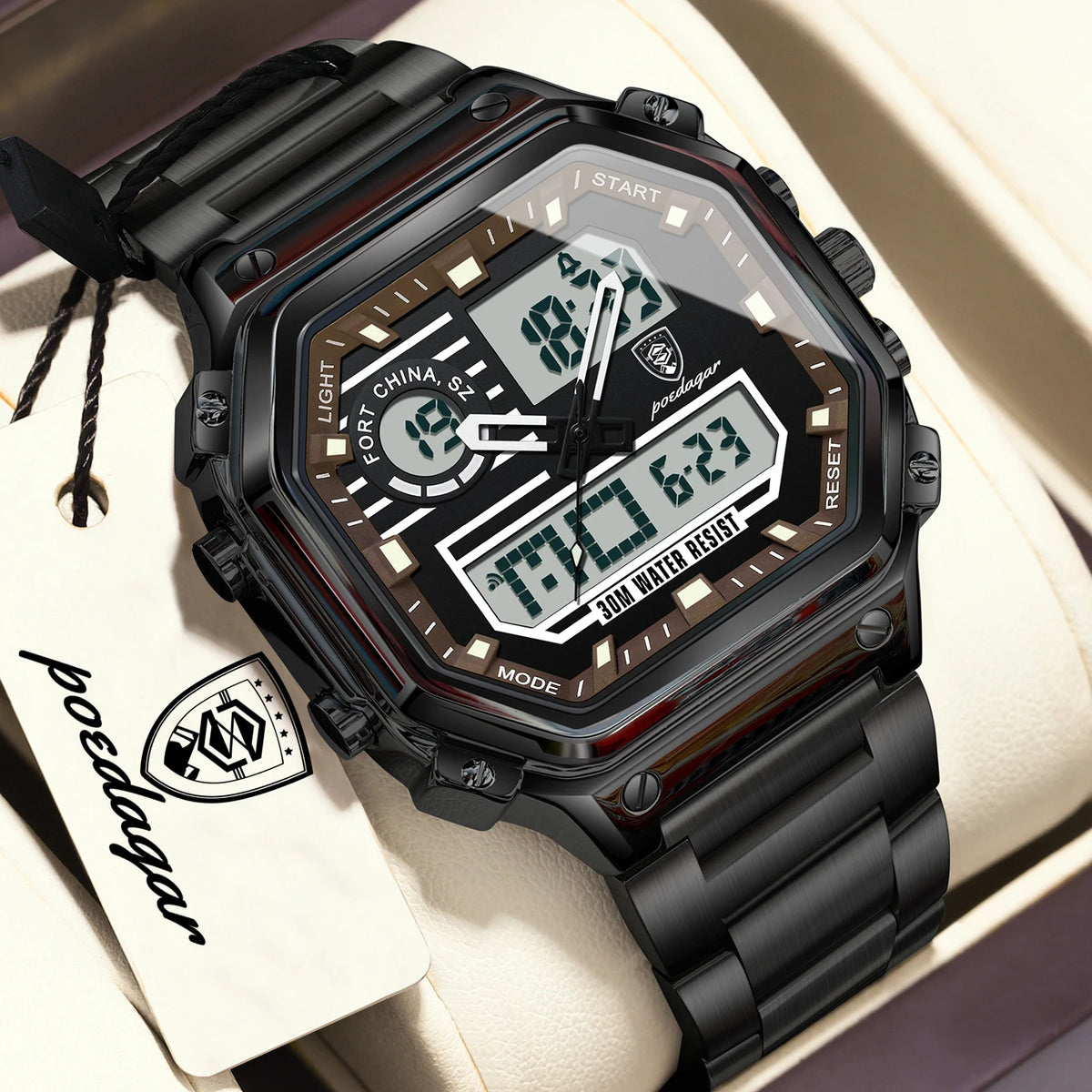 POEDAGAR Functional Men Wristwatch Waterproof Luminous Stainless Steel LED Man Watch Week Date Electronic Men's Quartz Watches