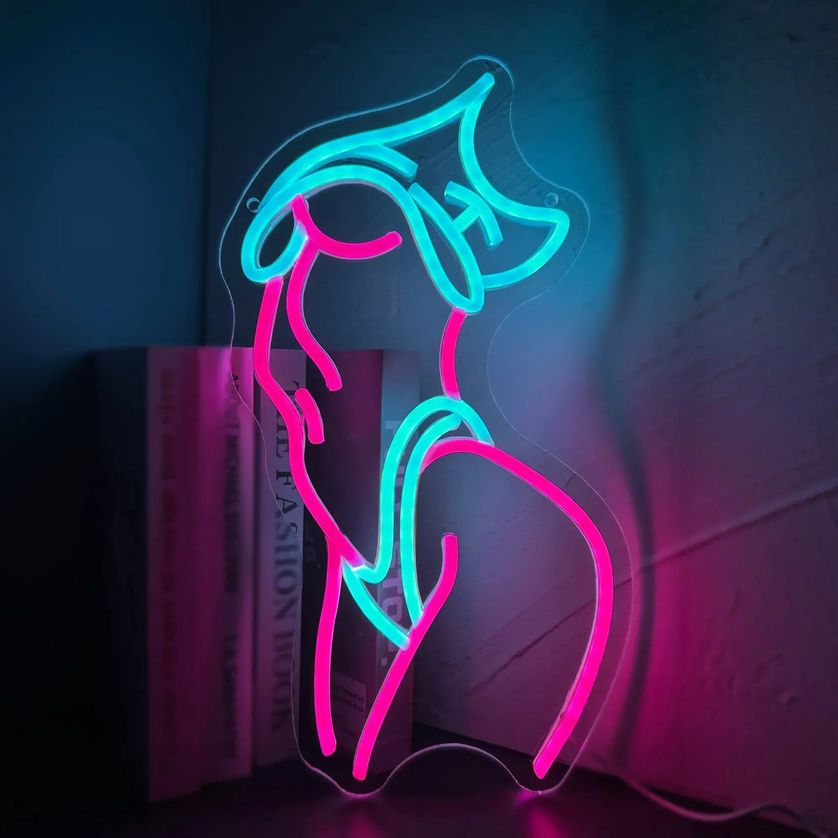 Letrero neón LED de mujer estilo bikini con contorno rosa y azul turquesa