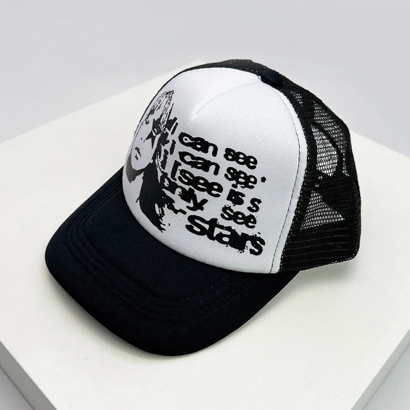 Gorra de béisbol estilo americano para crucero, con estampado de anime y letras, de malla tipo camionero, transpirable, para hombres y mujeres, versátil y a la moda