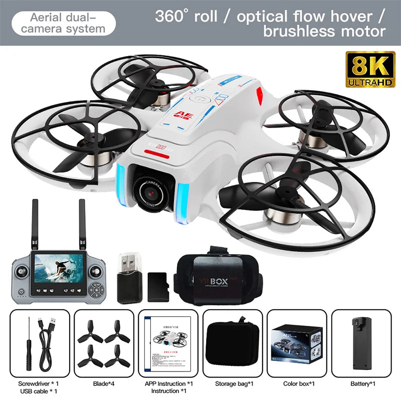 Mini Drone 8K HD-VR Cámara dual 180° ESC Flujo óptico Evitación de obstáculos Motor Drone UAV Control remoto Quadcopter Juguete universal