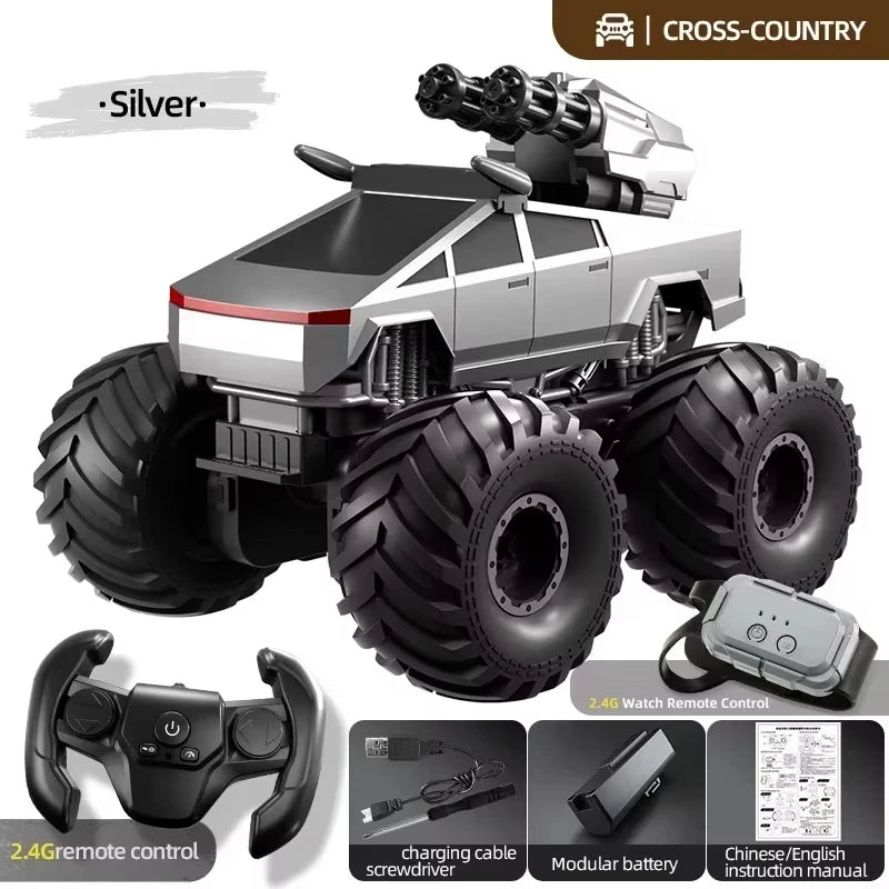 Coche RC anfibio plateado con ruedas grandes negras y control remoto 2.4G