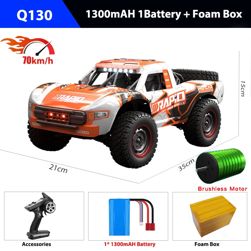 Coche teledirigido 4WD Q130 70 km/h con luces, motor con/sin escobillas, vehículo de control remoto, camión de drift de alta velocidad, juguetes para niños y adultos