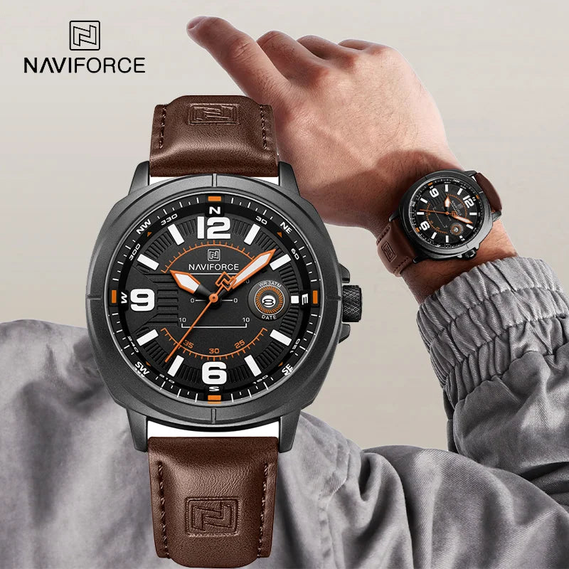 NAVIFORCE 8078 Men's Quartz Watch Luminous Calendar Casual Sports Wristwatch Waterproof with Soft Leather Strap for Daily Wear