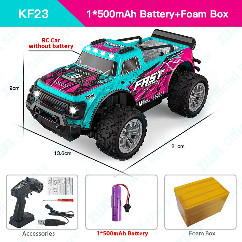Coche RC todoterreno turquesa y fucsia con faros LED encendidos