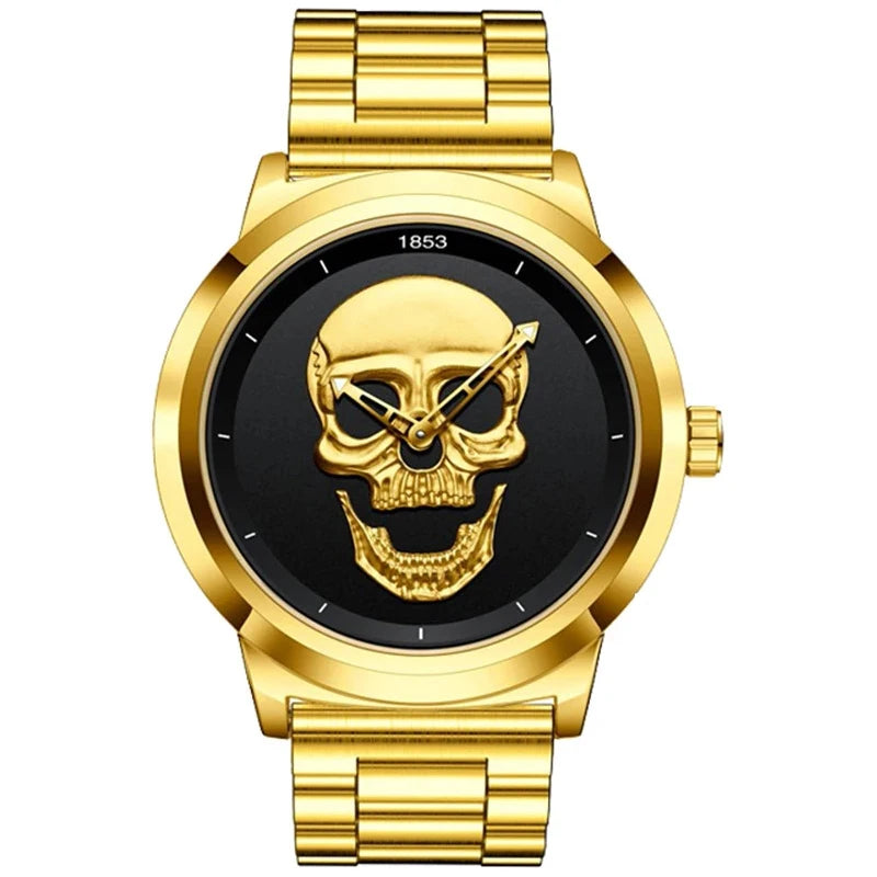 Reloj de cuarzo LIGE de marca de lujo para hombre, diseño creativo de calavera 3D esqueleto, acero inoxidable, deportivo, informal, resistente al agua + caja