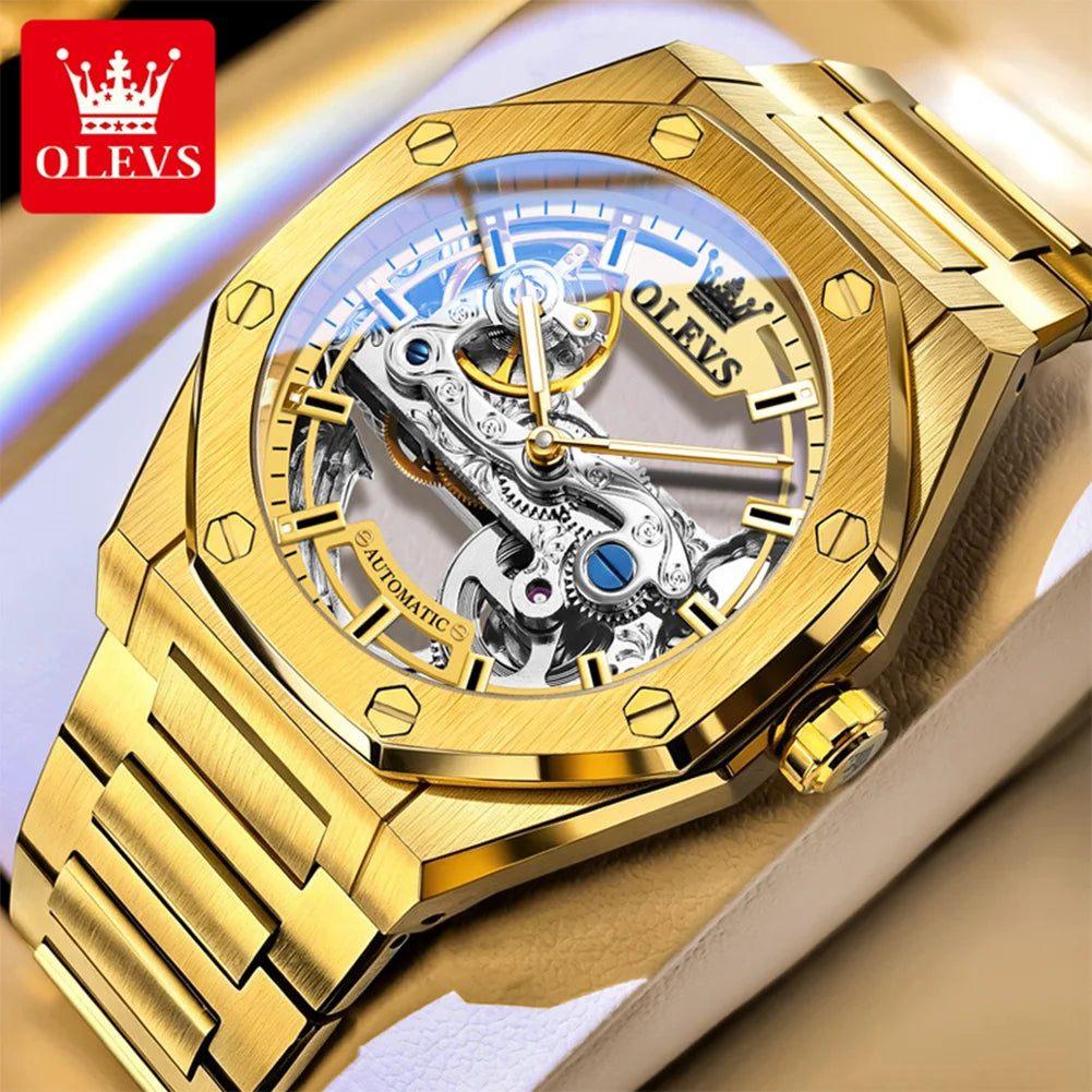 Reloj mecánico automático para hombre OLEVS, marca de lujo, esfera calada tipo esqueleto octogonal, superluminescente, reloj masculino de negocios y deportivo 6742