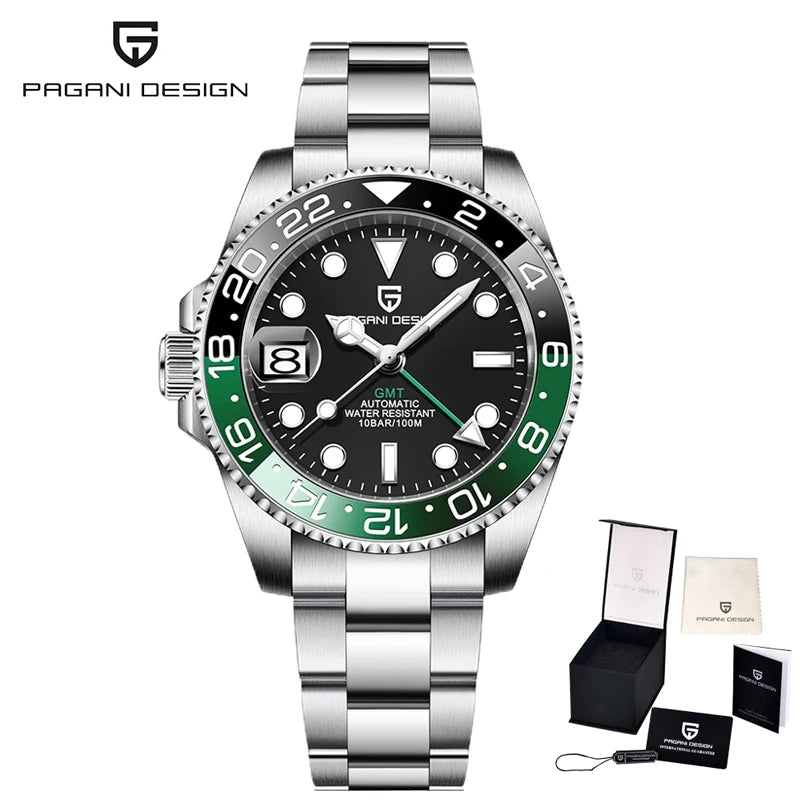 PAGANI DESIGN 40mm Reloj mecánico de lujo para hombre, reloj GMT de acero inoxidable, marca de alta gama, cristal de zafiro, relojes para hombre