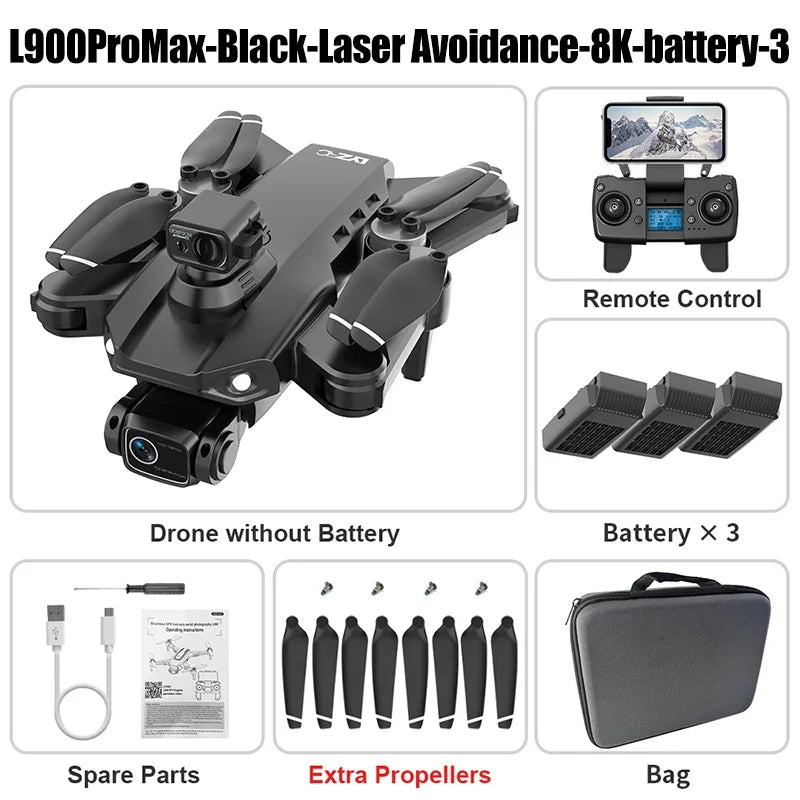 Dron GPS plegable negro con cámara y control remoto; incluye 3 baterías y hélices extra