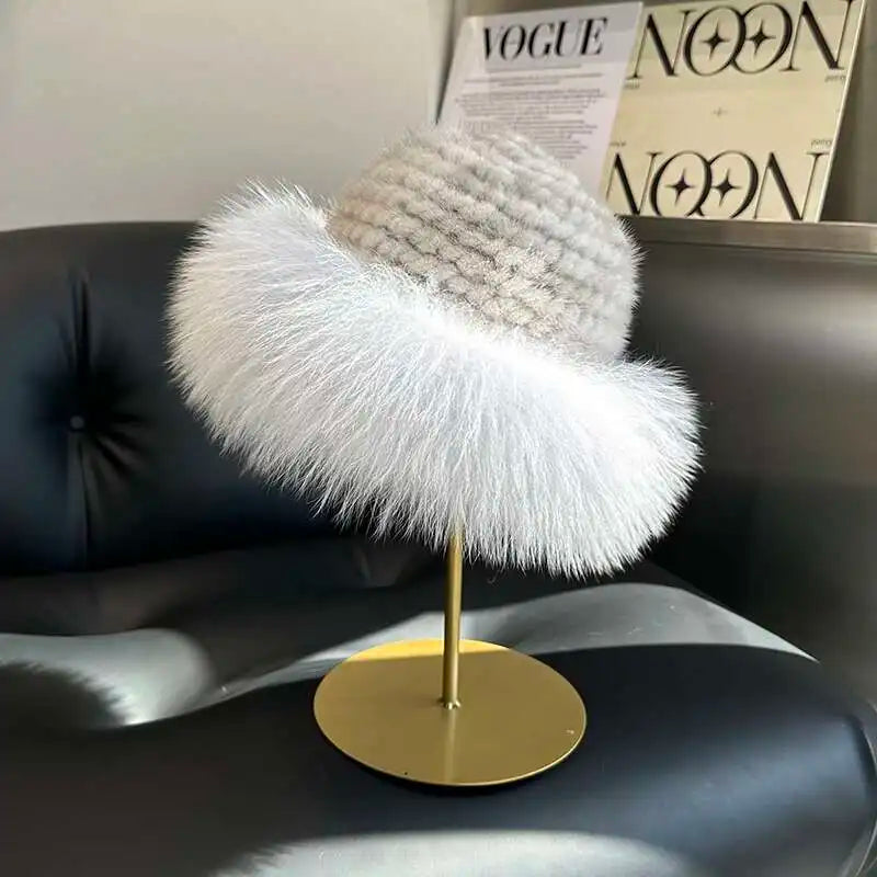 Gorro de piel de visón auténtica para mujer, gorro de pescador a la moda de invierno, gorro de piel de visón Natural con gorros de piel de zorro, gorro de bombardero de punto ruso