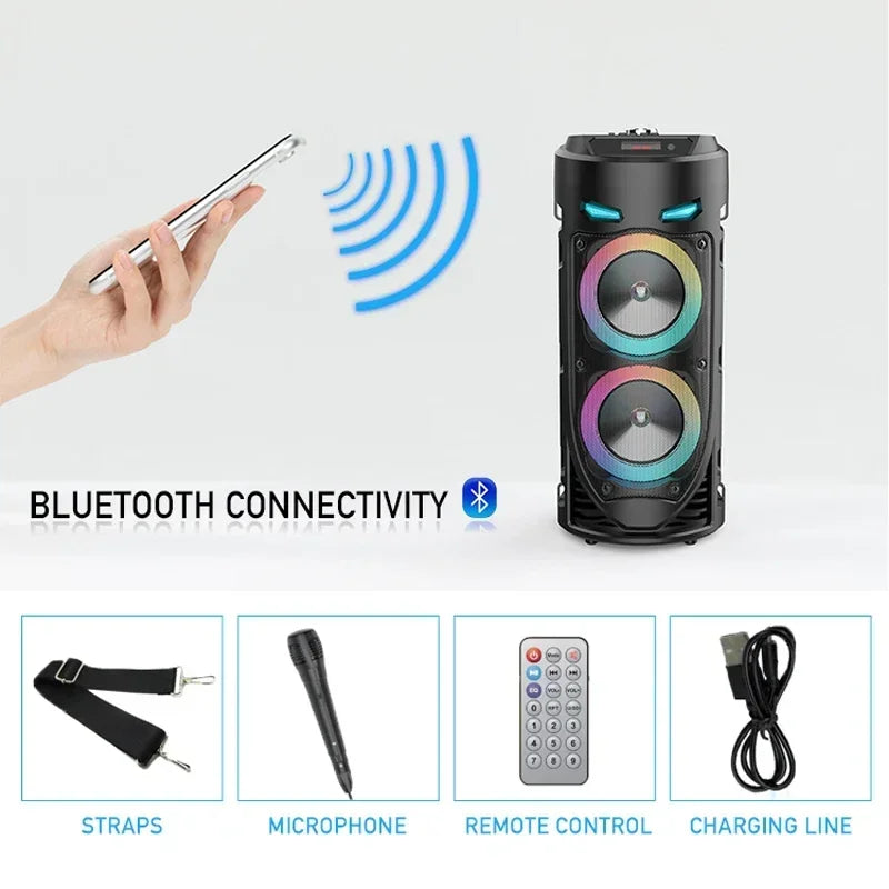 Columna inalámbrica de 30W, altavoz estéreo portátil con Bluetooth de gran potencia, subwoofer, altavoces de fiesta de graves con micrófono, Karaoke familiar, USB