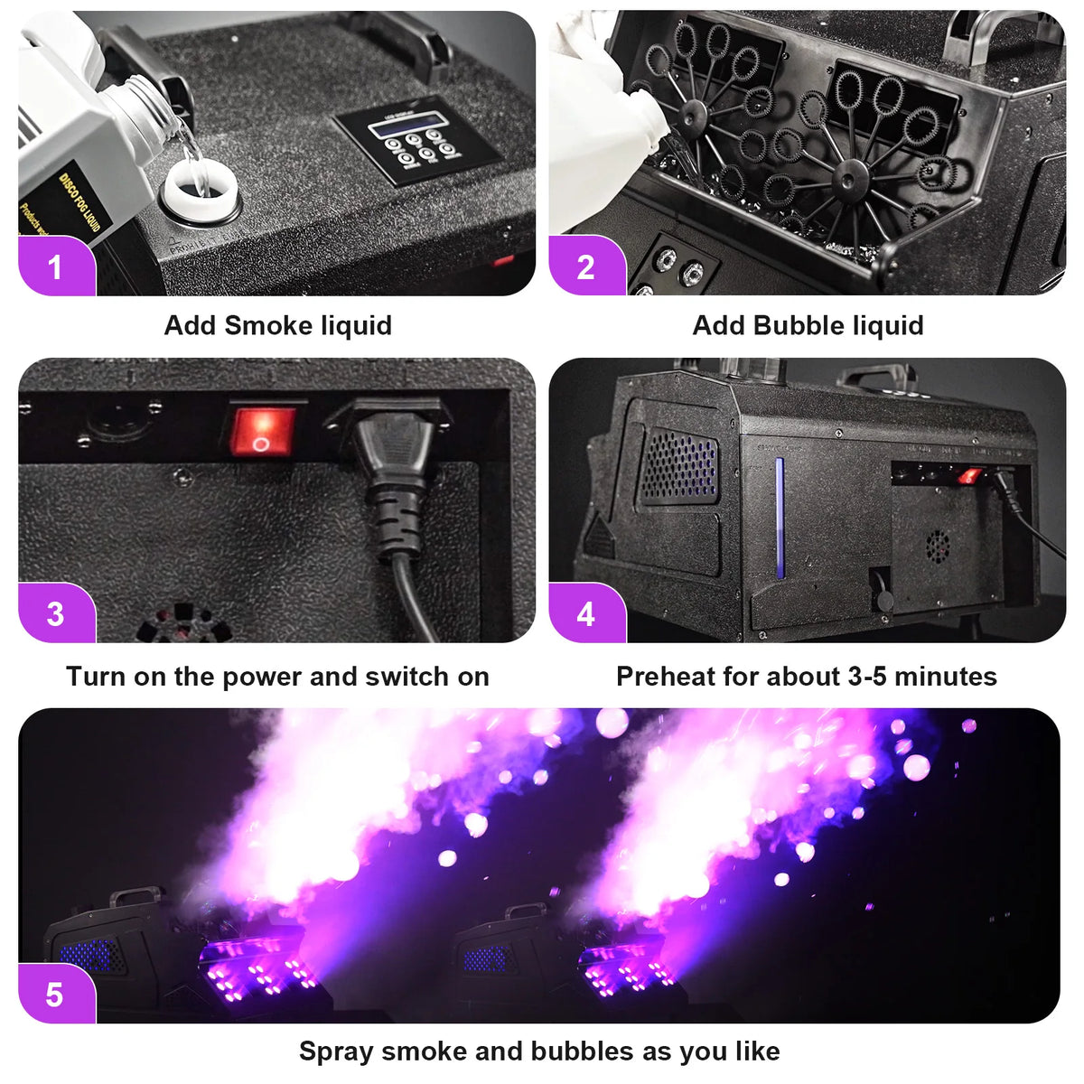 Máquina de humo y burbujas Yiflamefly de 1500 W, 8 luces LED RGB, máquina de humo y burbujas 3 en 1, efectos de iluminación para escenarios, ideal para DJ, bodas, fiestas y espectáculos en bares.