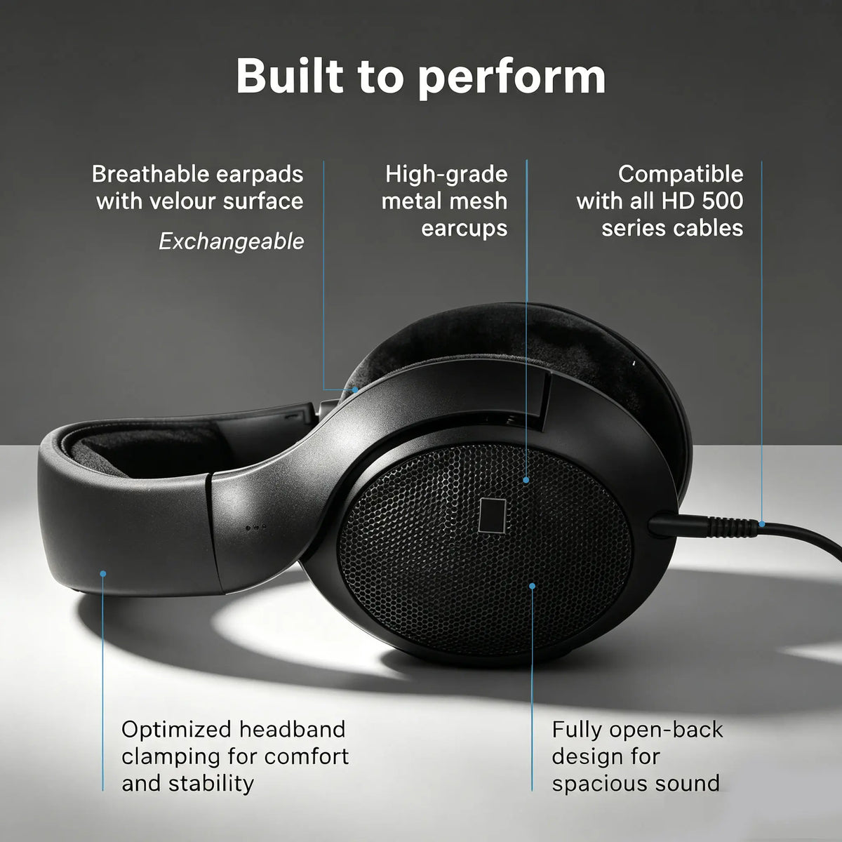 Auriculares abiertos negros con copa de malla y almohadillas de terciopelo.