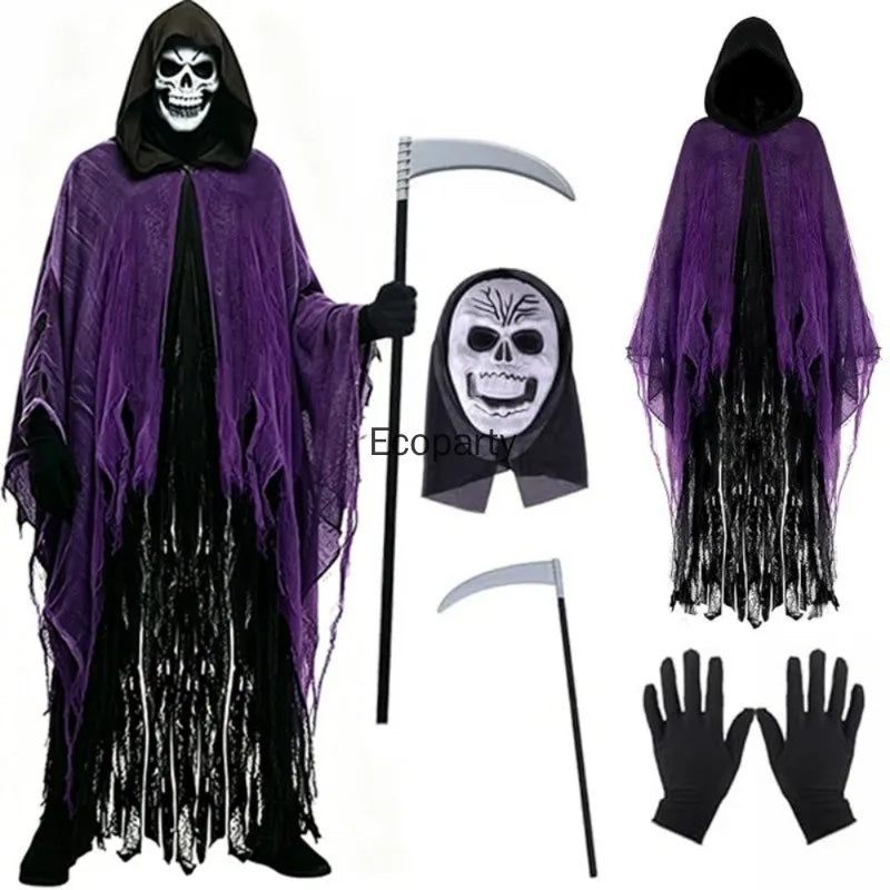 Horror Grim Reaper Costume Set Adult Halloween Ghost Dementors Cosplay Hooded Cloak with Mask Glovs for Day of The Dead Party
