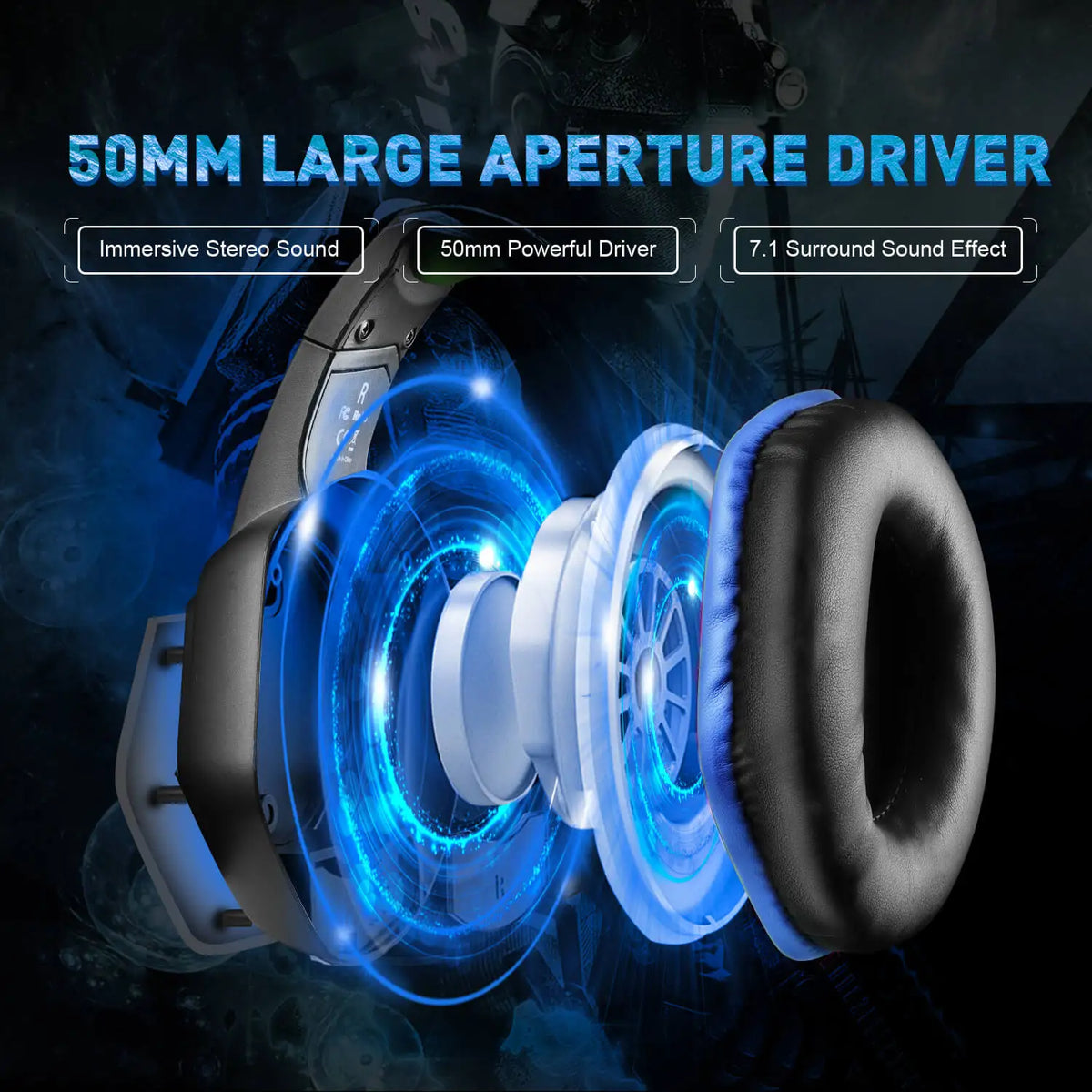Auriculares gaming con copas negras e iluminación RGB azul y driver grande
