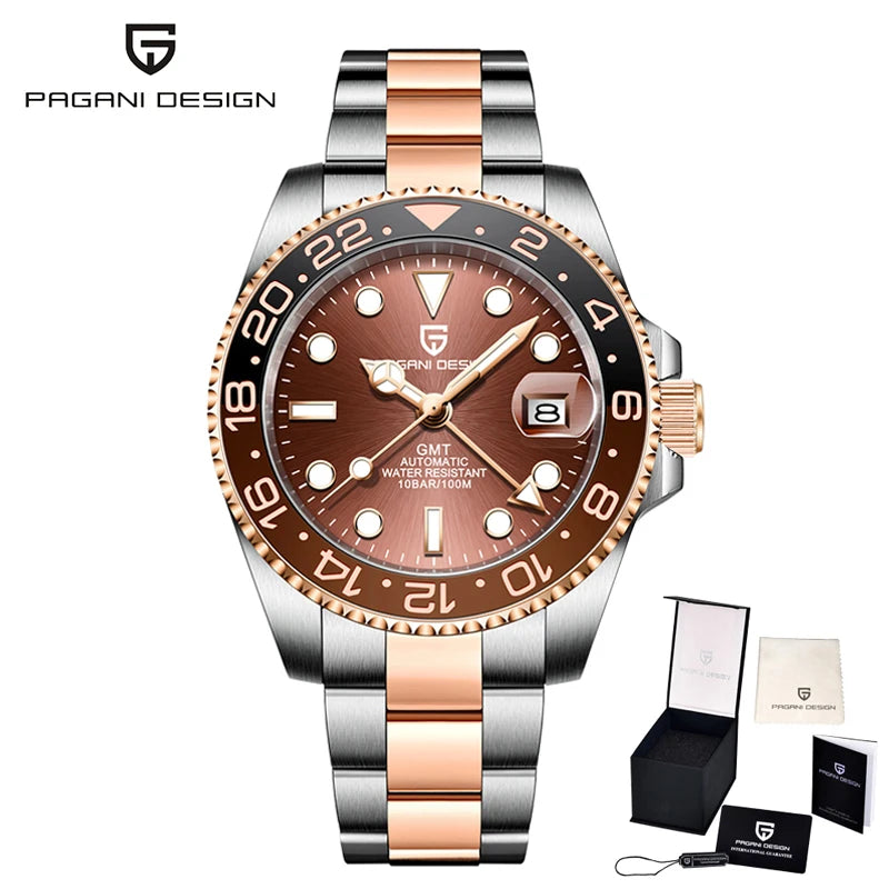 PAGANI DESIGN 40mm Reloj mecánico de lujo para hombre, reloj GMT de acero inoxidable, marca de alta gama, cristal de zafiro, relojes para hombre