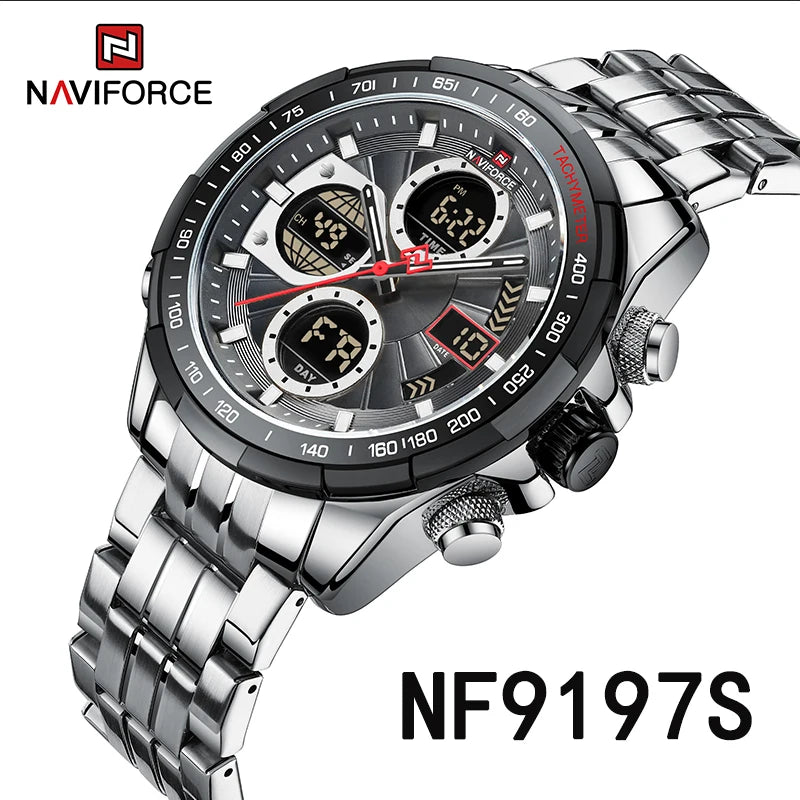 Reloj NAVIFORCE de lujo para hombre, clásico, de cuarzo y digital, reloj de pulsera deportivo militar de acero inoxidable plateado 9197