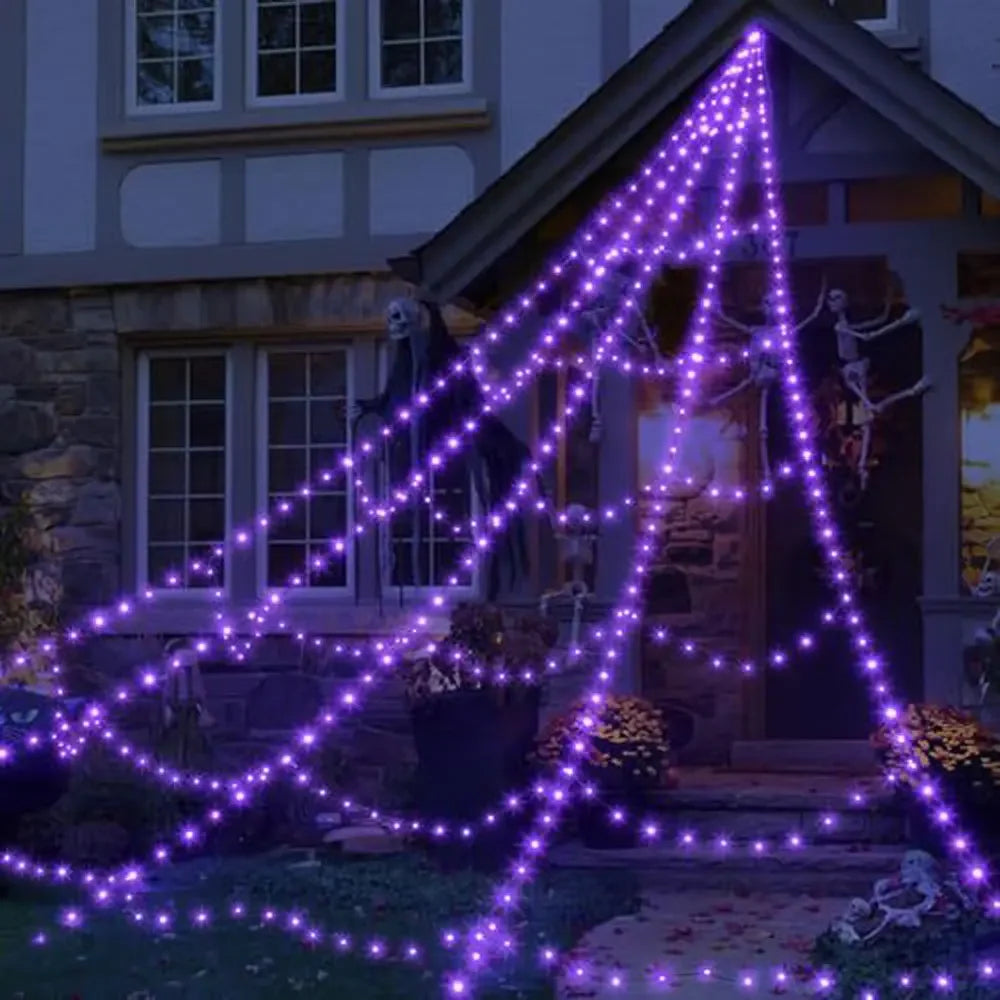 Prácticas luces de telaraña de Halloween con 8 modos, 250 LEDs, red de araña brillante, colgante de 5 m, araña gigante aterradora para casa embrujada