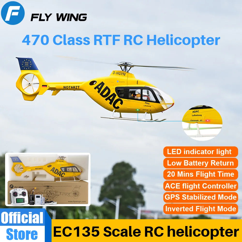 Helicóptero RC FLYWING EC135 con Luz LED, Control de Vuelo ACE, Helicóptero a Escala EC135, Tamaño 470, Helicópteros RC de 4 Aspas y 6 Canales