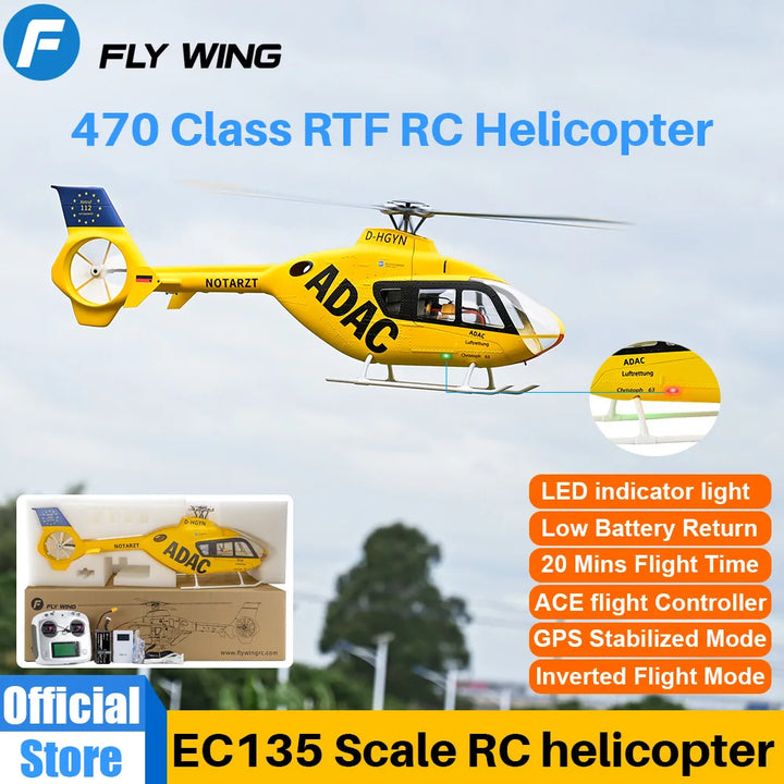Helicóptero RC FLYWING EC135 con Luz LED, Control de Vuelo ACE, Helicóptero a Escala EC135, Tamaño 470, Helicópteros RC de 4 Aspas y 6 Canales