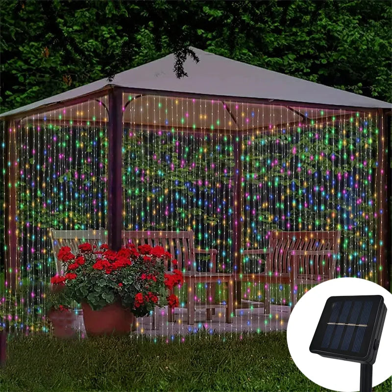 Cortina de luces LED solares impermeables para exteriores, 600 LED, guirnalda decorativa, luces de cadena para patio, Navidad, bodas, fiestas, terraza y jardín