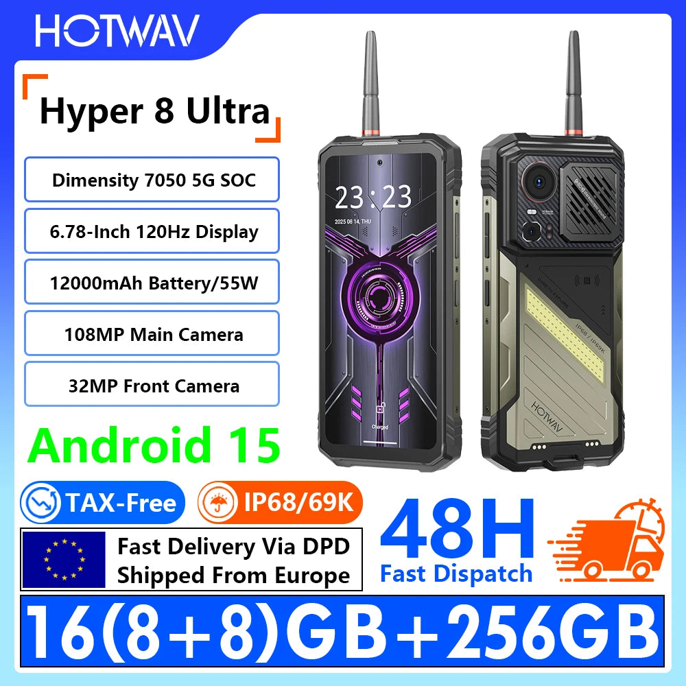 [Shipped From Within Europe]HOTWAV Hyper 8 Ultra 5G Rugged Phone 6.78-inch FHD+ 120Hz Display 32(12+20)GB RAM+512OM Dimensity 7050 5G 11400mAh Battery 55W Fast Charging 108MP+32MP Camera Android 15 NFC