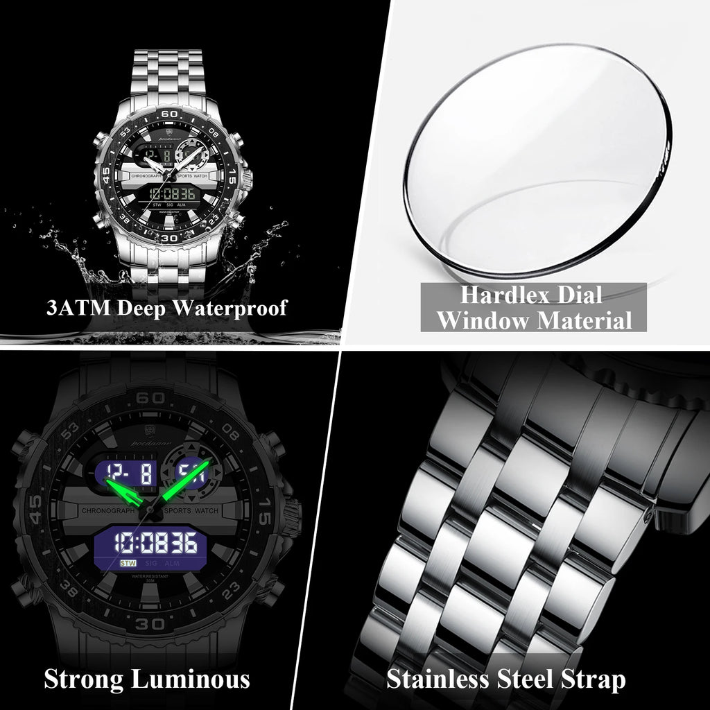 Reloj de cuarzo para hombre POEDAGAR, con fecha y día, pantalla LED electrónica, luminoso, estilo juvenil, con doble hora, reloj deportivo digital para hombre