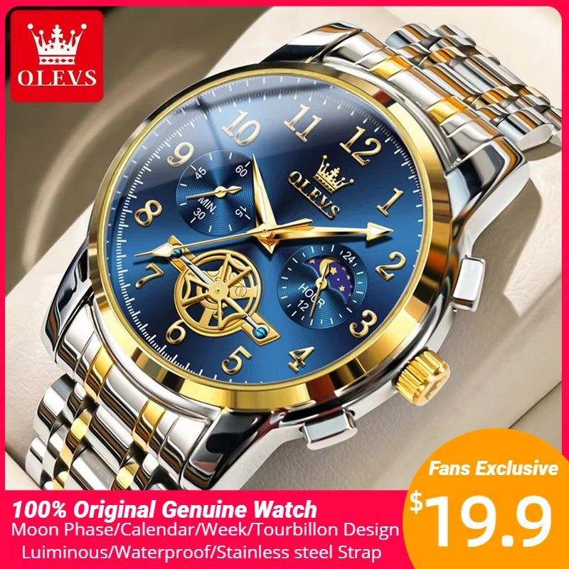 Reloj OLEVS 2900 de fase lunar para hombre, de acero inoxidable, resistente al agua, luminoso, a la moda, esqueleto, cronógrafo, reloj de cuarzo para hombre, NUEVO