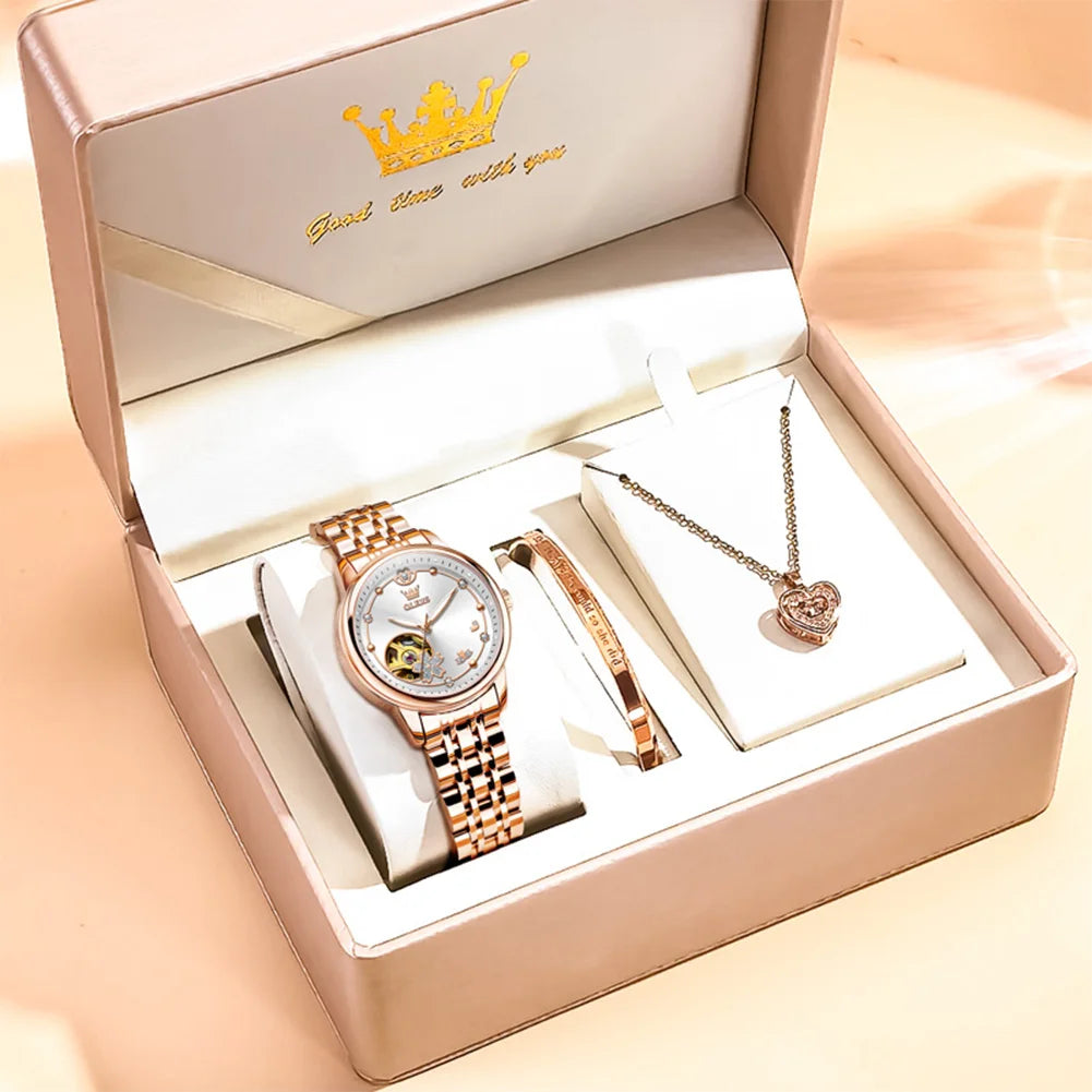 Relojes OLEVS para mujer, reloj mecánico automático original de lujo a la moda, con pulsera y collar en caja de regalo, tendencia nueva