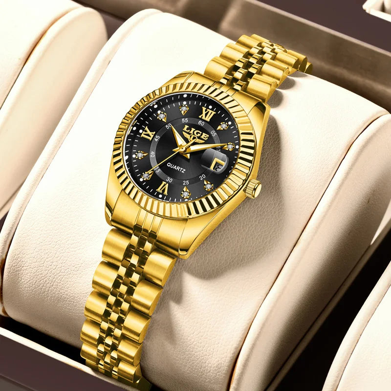 Reloj de pulsera LIGE de moda para mujer, resistente al agua, luminoso, con fecha, elegante reloj de cuarzo de acero inoxidable para mujer